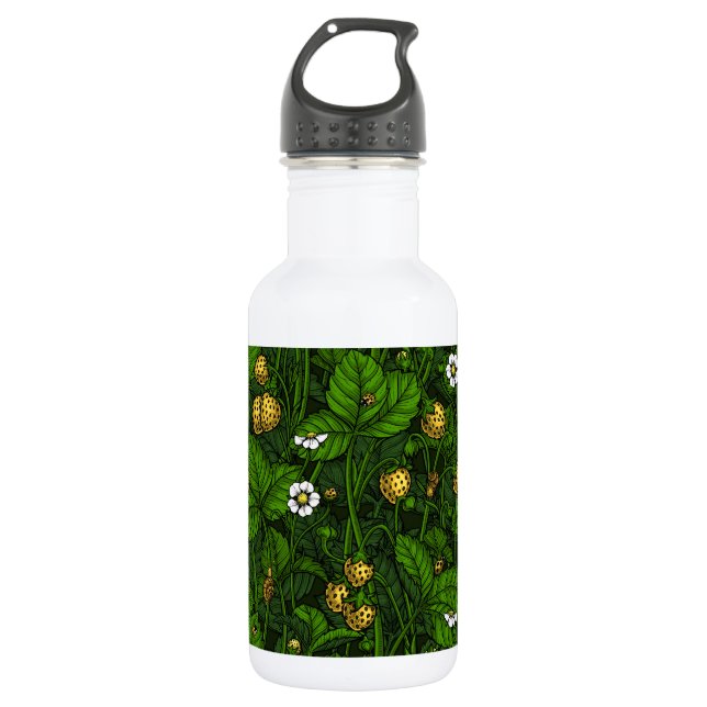 Wild strawberries, yellow and green stainless steel water bottle (Front)
