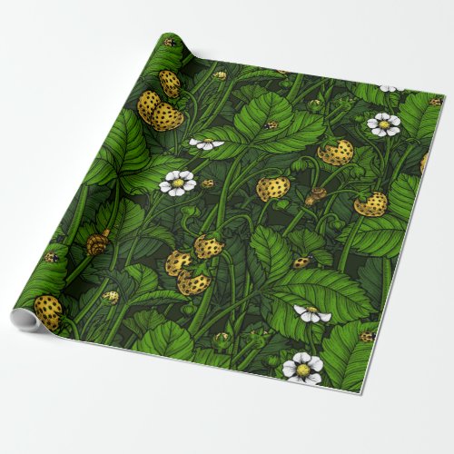 Wild strawberries yellow and green wrapping paper