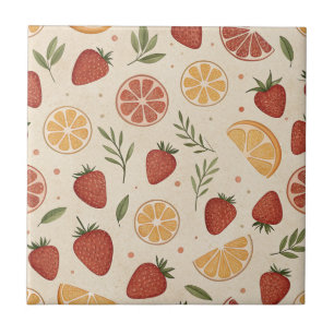 Wild Strawberry & Citrus Sprigs in Rustic Cream Ceramic Tile