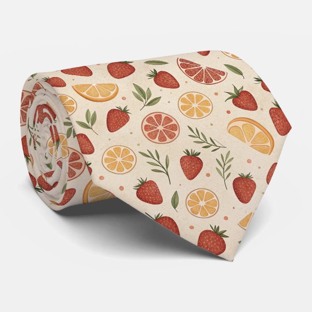 Wild Strawberry & Citrus Sprigs in Rustic Cream Neck Tie (Rolled)