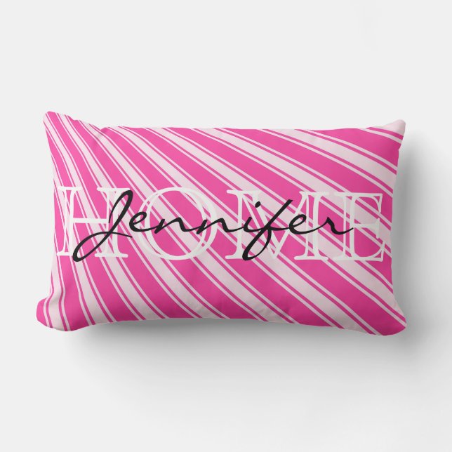Wild Strawberry Color Stripe Pattern Home Monogram Lumbar Pillow (Front)