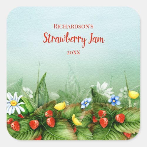 Wild strawberry field homemade jam jelly preserves square sticker