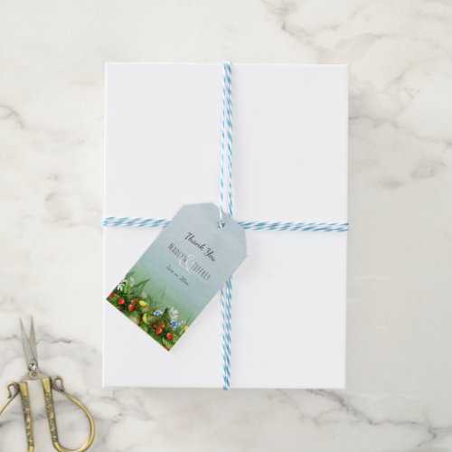 Wild strawberry meadow blue sky country wedding gift tags