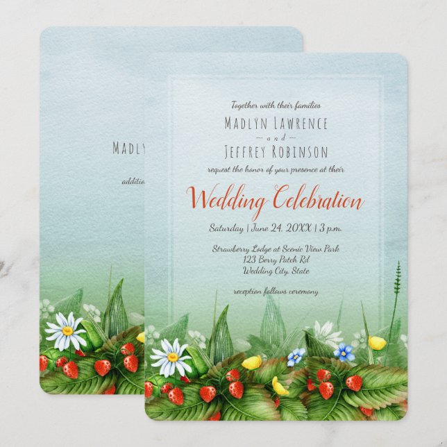 Wild strawberry meadow blue sky nature wedding invitation (Front/Back)