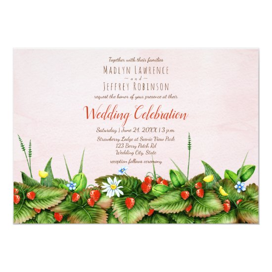 Wild strawberry meadow floral blush wedding invitation