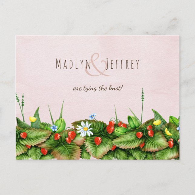 Wild strawberry meadow flowers blush watercolor announcement postcard (Front)