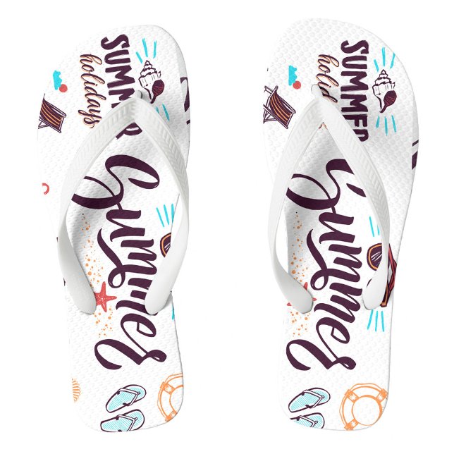 Wild Summer Flip Flops ("Summer" in a stylized, cursive font, along with various beach-related icons such as seashells.)