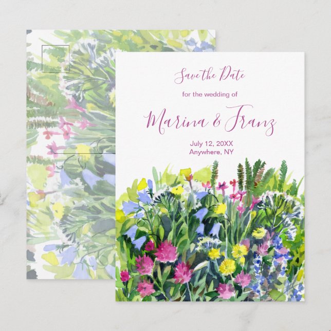 Wild summer flowers save the date announcement postcard (Front/Back)