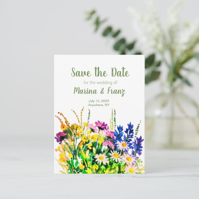 Wild summer flowers save the date announcement postcard (Standing Front)