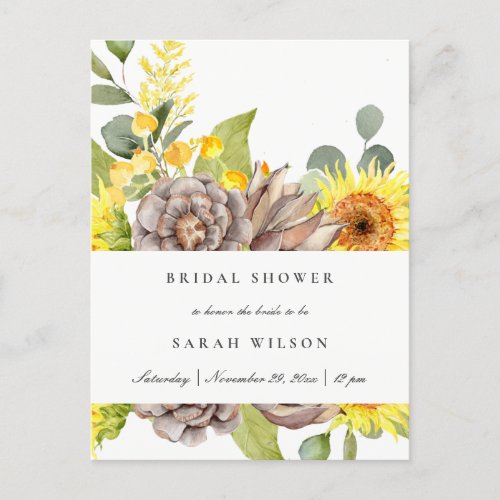 WILD SUNFLOWER EUCALYPTUS PINE FLORA BRIDAL SHOWER INVITATION POSTCARD