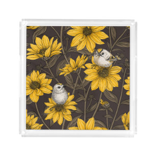 Wild sunflowers and goldcrest birds/ yellow acrylic tray