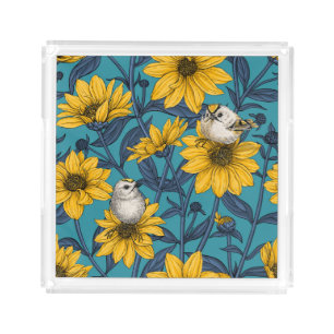 Wild sunflowers and goldcrest birds/ yellow acrylic tray