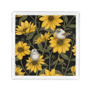 Wild sunflowers and goldcrest birds/ yellow acrylic tray