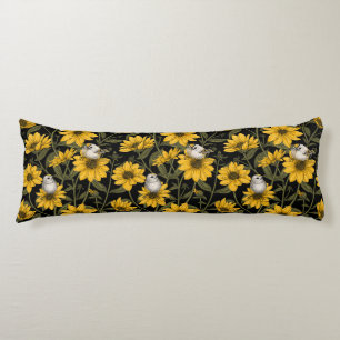 Wild sunflowers and goldcrest birds/ yellow and gr body pillow