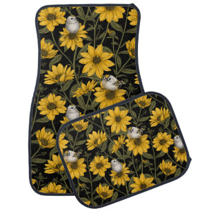 Wild sunflowers and goldcrest birds/ yellow and gr car floor mat