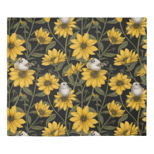 Wild sunflowers and goldcrest birds/ yellow and gr duvet cover