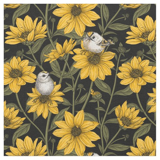 Wild sunflowers and goldcrest birds/ yellow and gr fabric