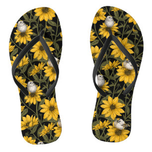 Wild sunflowers and goldcrest birds/ yellow and gr flip flops