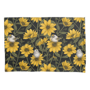 Wild sunflowers and goldcrest birds/ yellow and gr pillow case