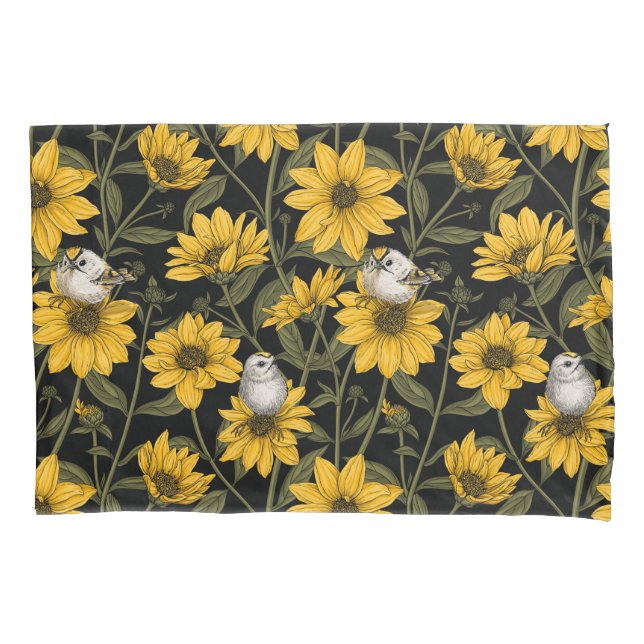 Wild sunflowers and goldcrest birds/ yellow and gr pillow case (Front-Left)