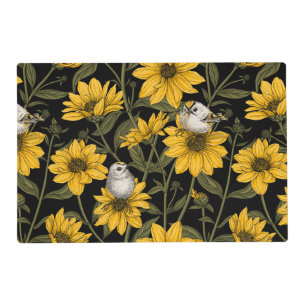 Wild sunflowers and goldcrest birds/ yellow and gr placemat