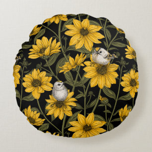 Wild sunflowers and goldcrest birds/ yellow and gr round pillow
