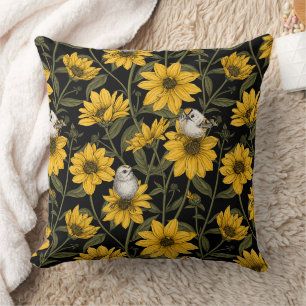 Wild sunflowers and goldcrest birds/ yellow and gr throw pillow