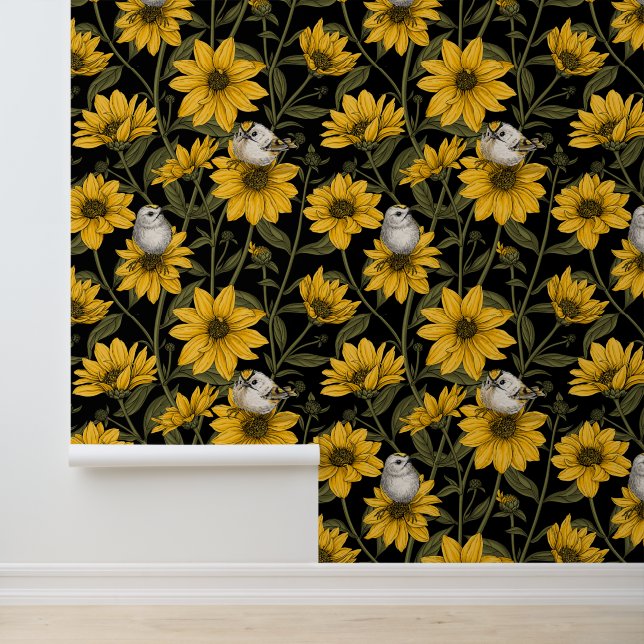 Wild sunflowers and goldcrest birds/ yellow and gr wallpaper  (Application)