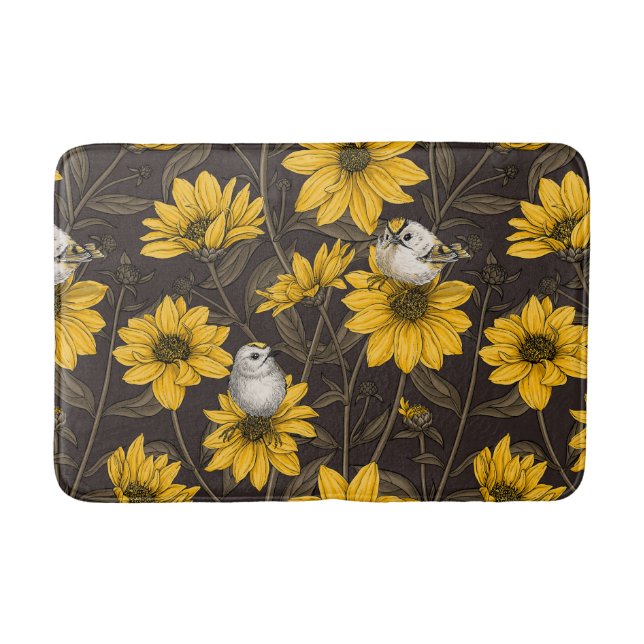 Wild sunflowers and goldcrest birds/ yellow bath mat (Front)
