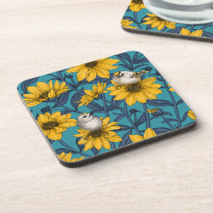 Wild sunflowers and goldcrest birds/ yellow beverage coaster