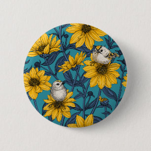 Wild sunflowers and goldcrest birds/ yellow button