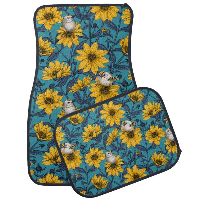 Wild sunflowers and goldcrest birds/yellow car floor mat (Set)