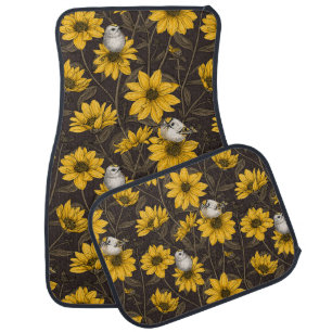 Wild sunflowers and goldcrest birds/ yellow  car floor mat
