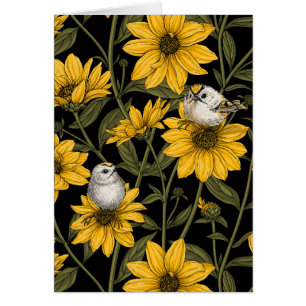 Wild sunflowers and goldcrest birds/ yellow  cards