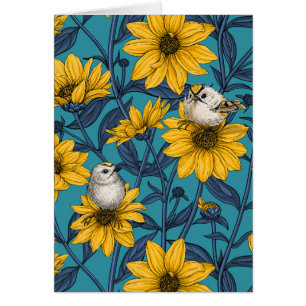 Wild sunflowers and goldcrest birds/ yellow cards