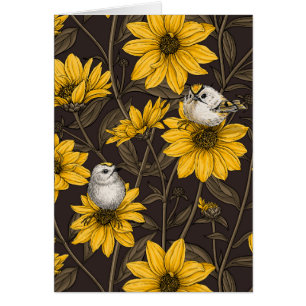 Wild sunflowers and goldcrest birds/ yellow cards