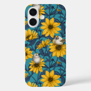 Wild sunflowers and goldcrest birds/ yellow iPhone 16 case