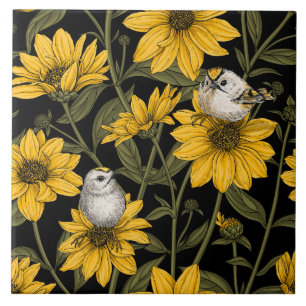 Wild sunflowers and goldcrest birds/ yellow ceramic tile