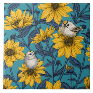 Wild sunflowers and goldcrest birds/ yellow ceramic tile