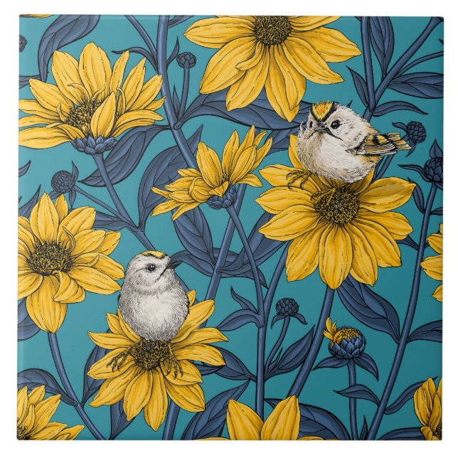 Wild sunflowers and goldcrest birds/ yellow  ceramic tile (Front)