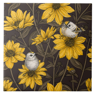 Wild sunflowers and goldcrest birds/ yellow ceramic tile