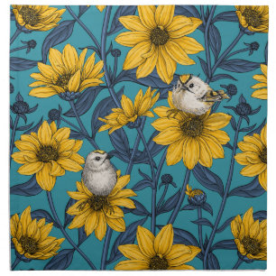 Wild sunflowers and goldcrest birds/yellow cloth napkin