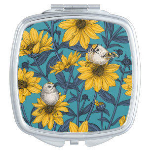 Wild sunflowers and goldcrest birds/ yellow compact mirror