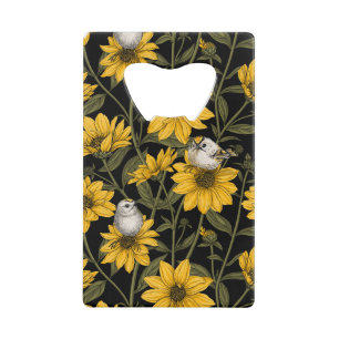 Wild sunflowers and goldcrest birds/ yellow  credit card bottle opener