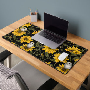 Wild sunflowers and goldcrest birds/ yellow desk mat