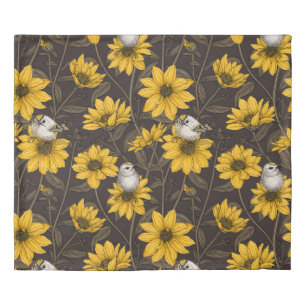 Wild sunflowers and goldcrest birds/ yellow duvet cover