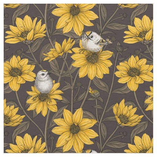 Wild sunflowers and goldcrest birds/ yellow  fabric