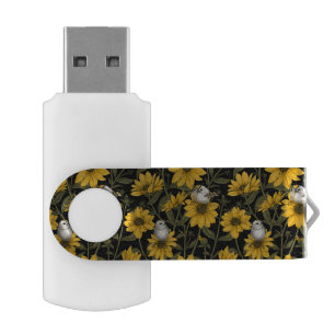 Wild sunflowers and goldcrest birds/ yellow  flash drive
