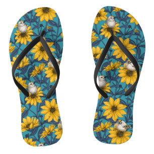 Wild sunflowers and goldcrest birds/yellow flip flops