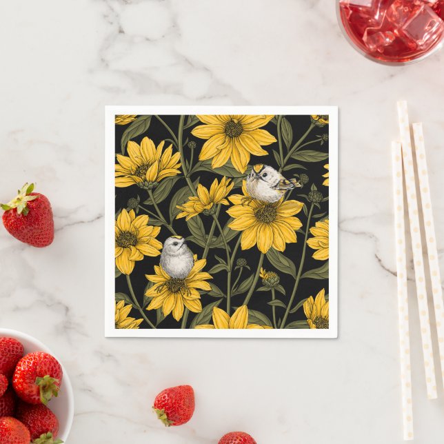 Wild sunflowers and goldcrest birds/ yellow  napkins (Insitu)